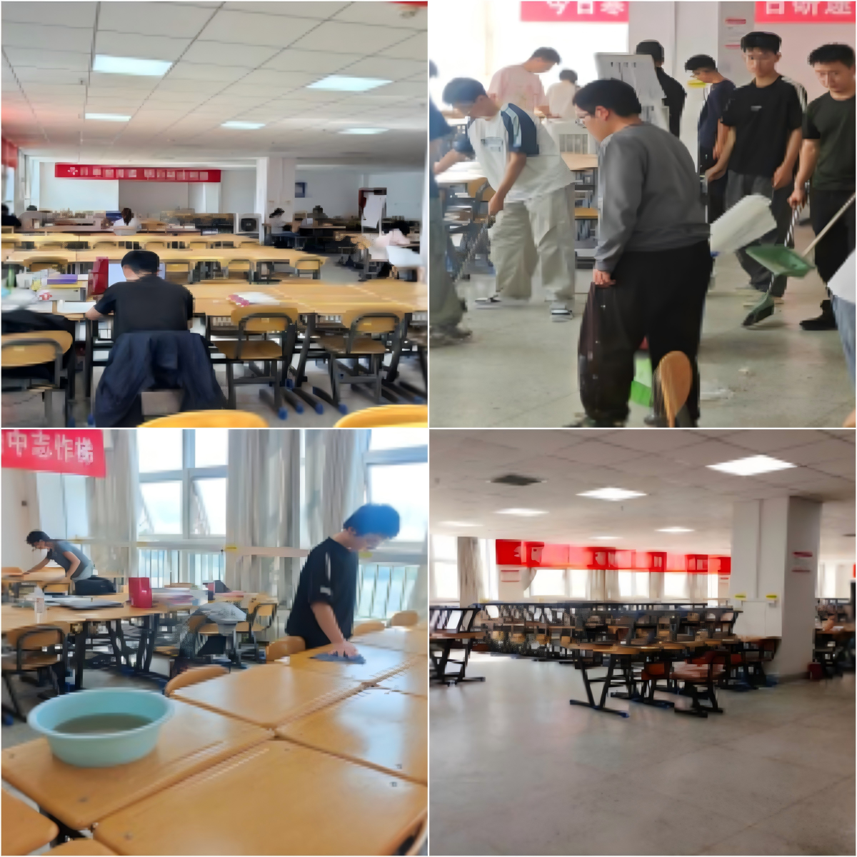 暖心护航考研路 志愿服务暖校园——机电工程学院本科生第六党支部开展考研自习室清洁整治活动